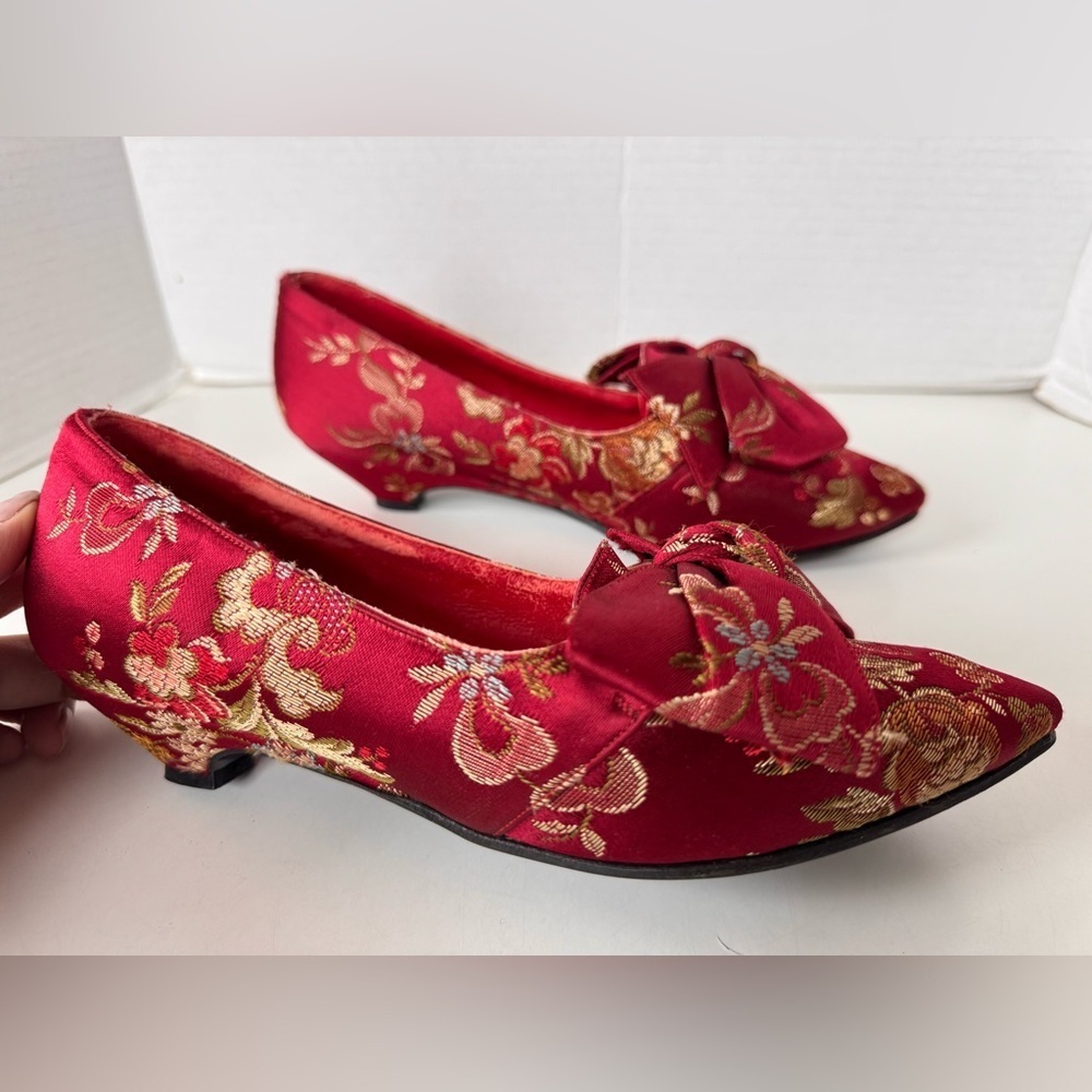 vintage 60s 70s lj simone new york brocade red floral bow kitten heel shoes